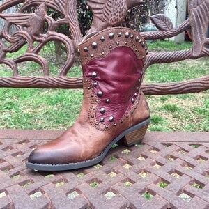 Vince Camuto Madalissa Leather Distressed Studded Almond Toe Ankle Booties